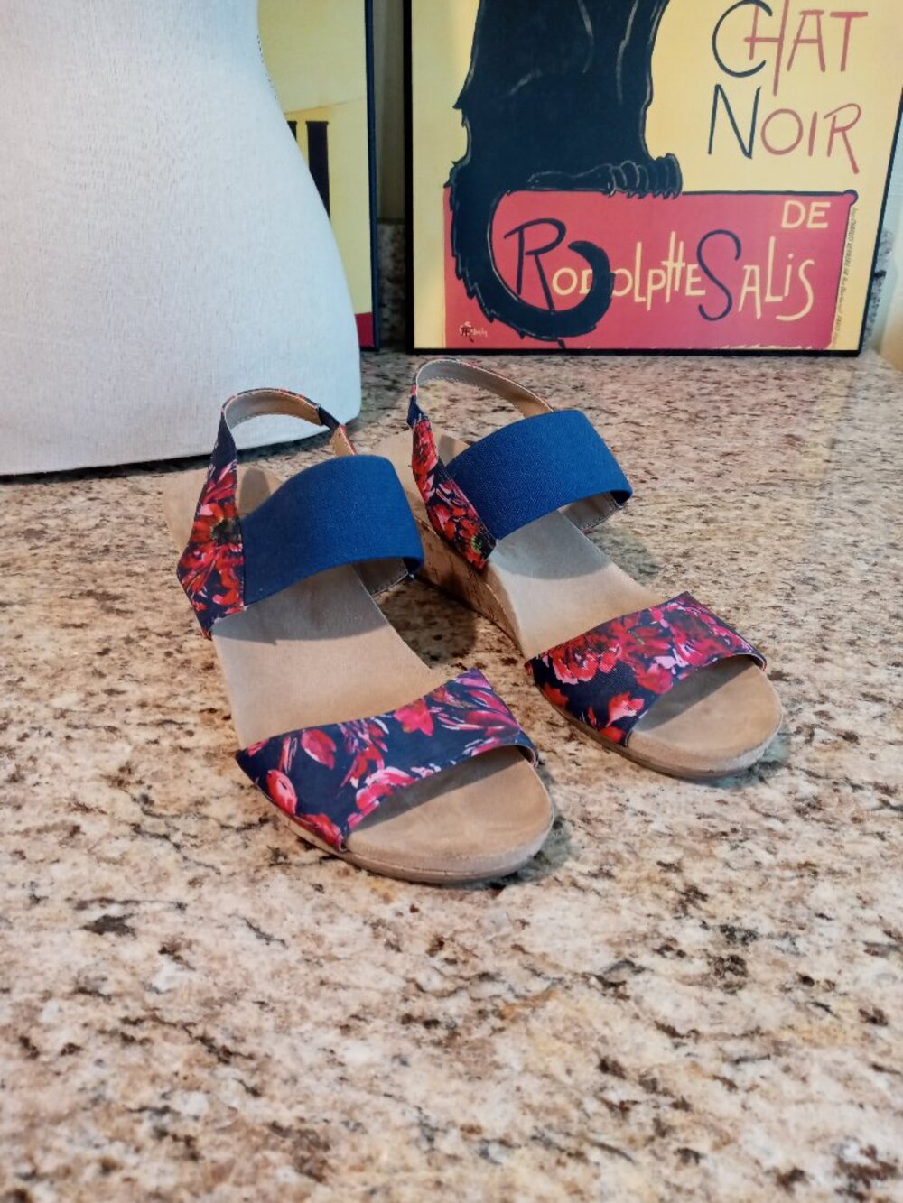 Life Stride Flex Maldives Cork Wedge Slingback Sandals Navy with Pink Flowers